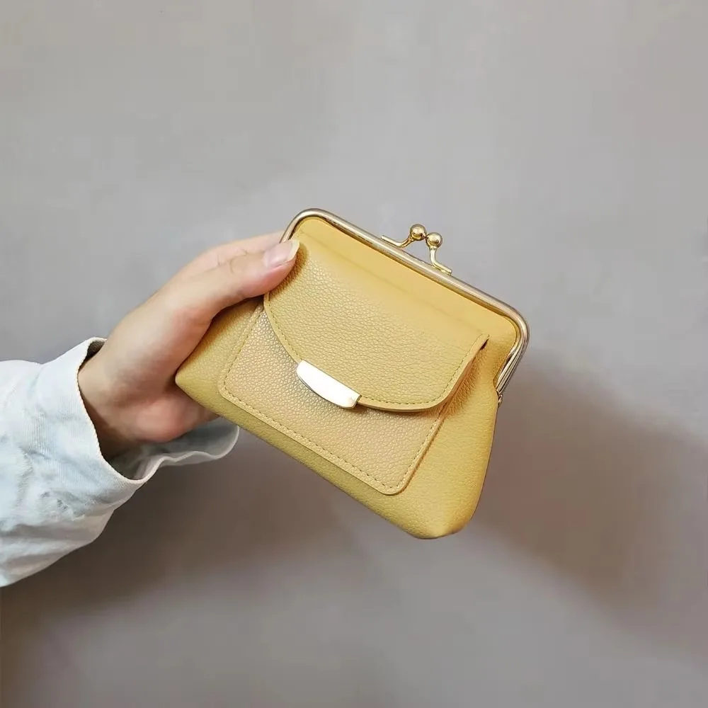 

Lychee Pattern Mini Lock Clip Coin Purse Keys/Lipsticks/Earphone PU Leather Kiss Lock Leather Wallet Solid Color Storage