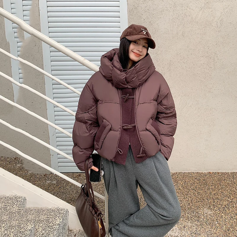 Inverno puff malha emenda com capuz jaqueta feminina pato branco para baixo curto parker outwears feminino zíper engrossar jaqueta acolchoada