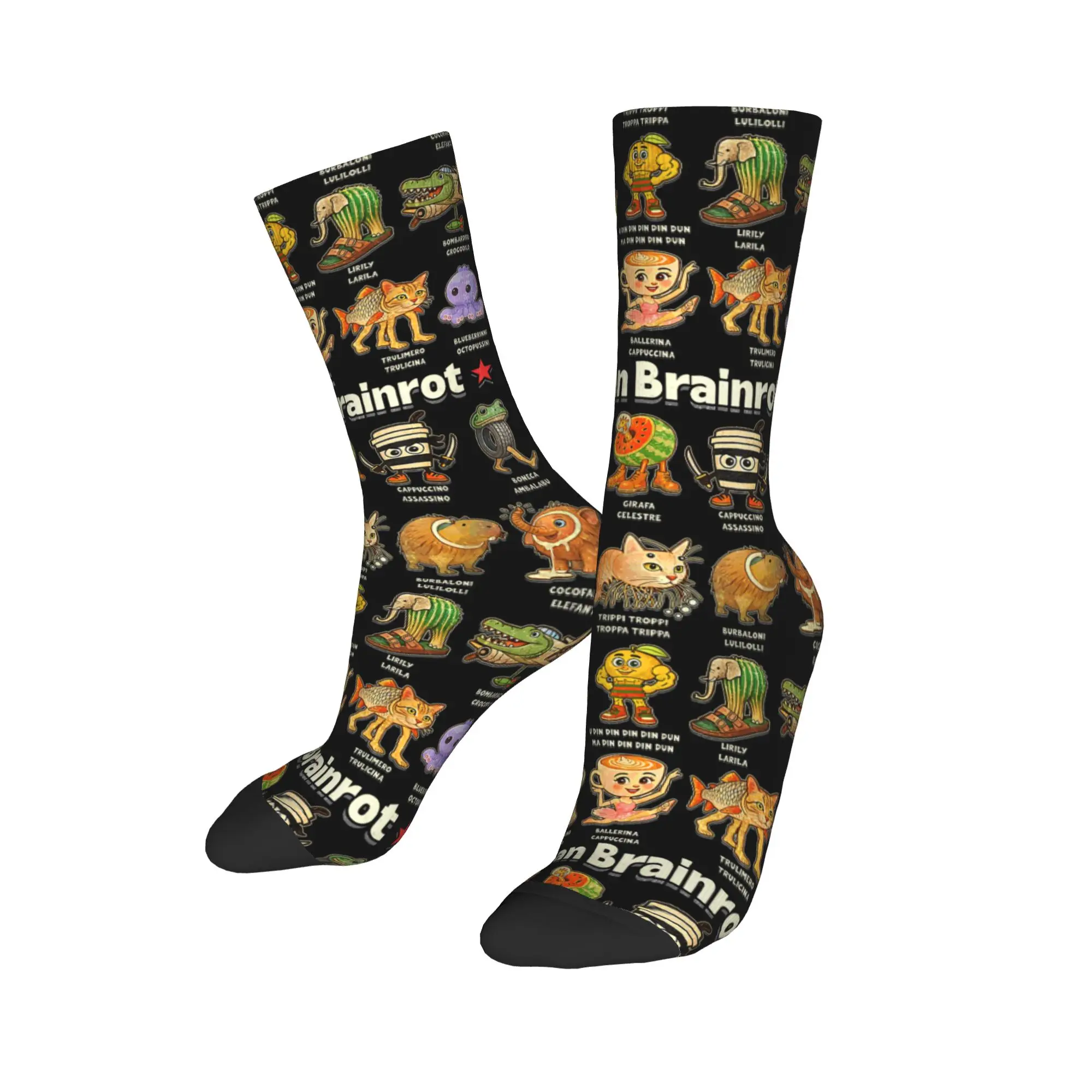 Funny Italian Brain Rot Characters Brainrot Skateboard Socks  Polyester Crew Socks for Unisex Sweat Absorbing