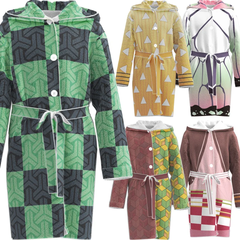 Anime Cosplay Costume Demon Slayer Kimetsu No Yaiba Haori Kimono Agatsuma Zenitsu Kochou Shinobu flannel bathrobe hooded pajamas