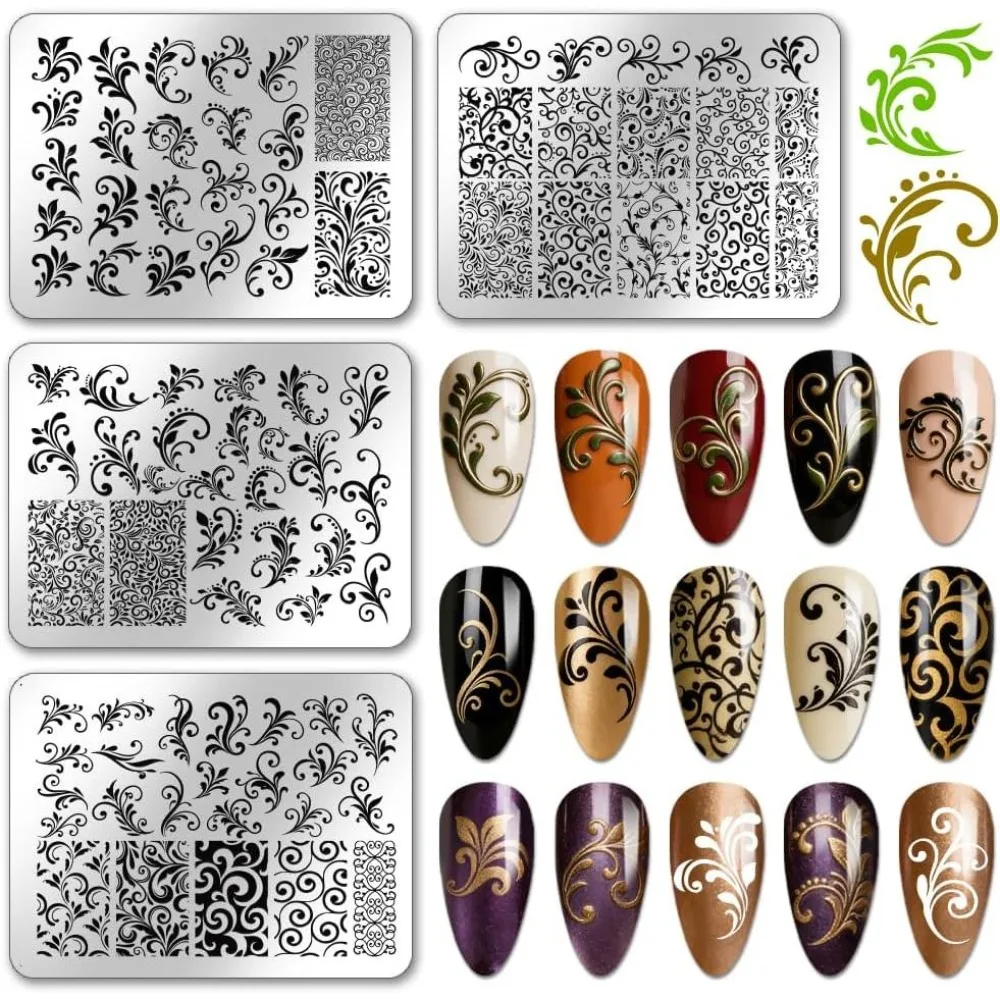 4pcs Swirl Pattern Nail Stamping Plates French Nails Art Templates Flower Nail Image Plate Leaf Stainless Steel Nail Stamper