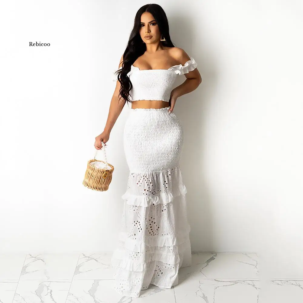 

2021 High-end White Young Sexy Club Sweet Strapless Short Sleeve Long Mermaid Maxi Skirts Skinny Women 2 Piece Set