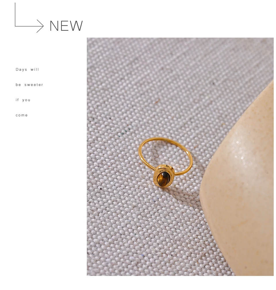 Yhpup Mode Naturstein Edelstahl Oval Dünn Chic Ring Frauen 18K PVD Überzogene Wasserdichte Schmuck Zubehör Geschenk – Detail 7