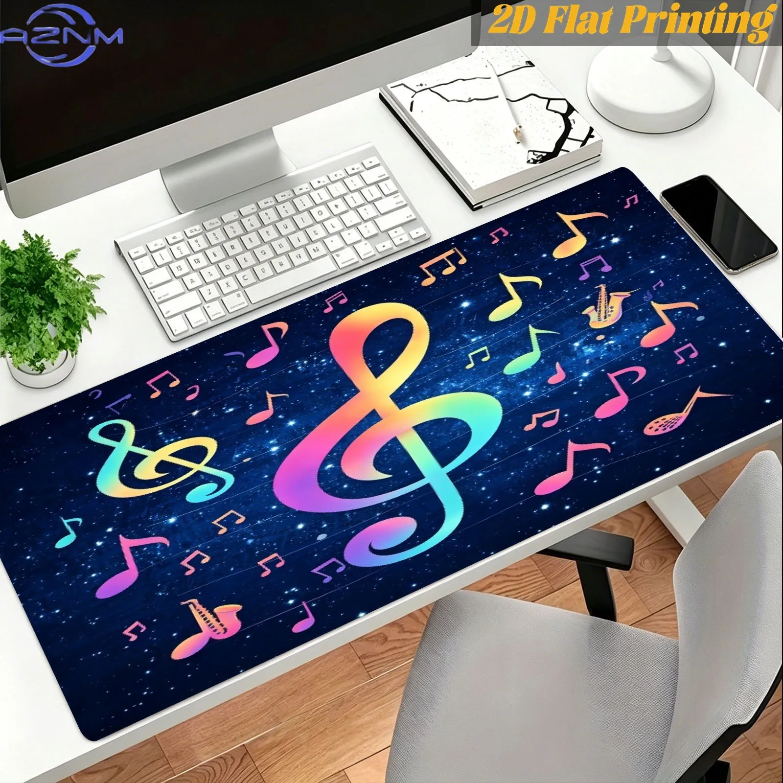 1pc Colorful Gradient Treble Clef Music Note Starry Sky 2D Printed Mouse Pad, Decorative Desk Mat for Home Office Desk Work Stud