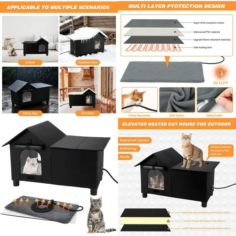 

Elevated Insulated Outdoor Cat House with Double Doors, Thermostatic Heating for Feral Cats, Easy Cleaning