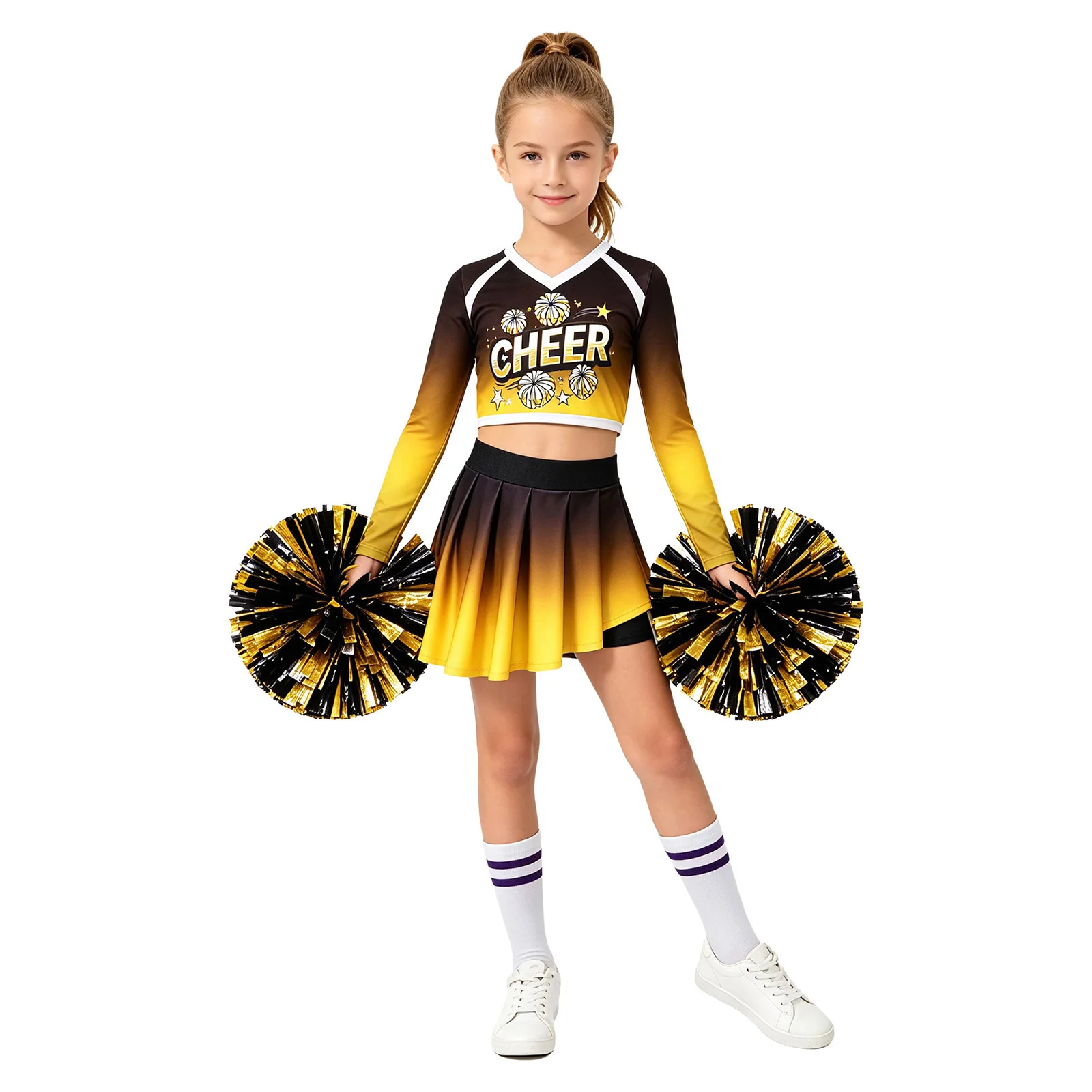 Children Girls Cheerleader Dance Uniform Outfit Halloween Cheerleading Cosplay Costume Letter Print Crop Top with Pleated Skirt