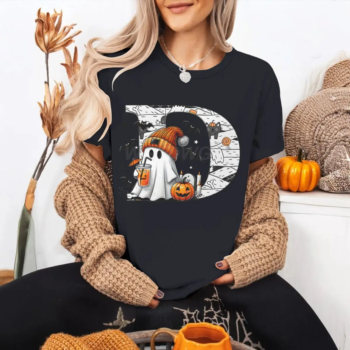 

Boo Halloween Alphabet A-Z T-Shirt Humor Funny Women Men Fashion Novelty Gifts Short Sleeve Blouses Spooky Season Graphic Tops