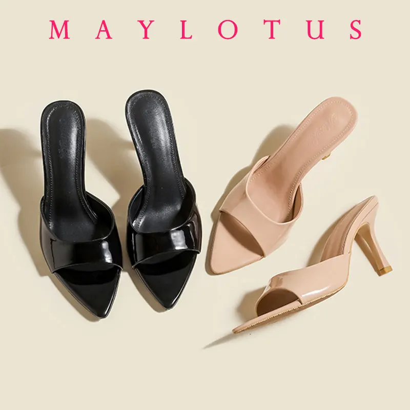 

New Women's Slippers Summer Slim Heel Pointed Toe Worn with A Straight Drag Patent Leather High-heeled Slippers for Womens