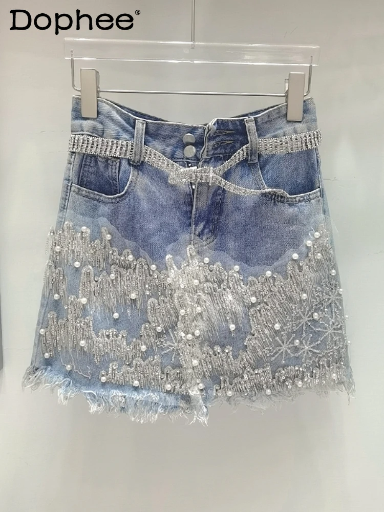

Heavy Industry Beads Sequin Gauze Raw Edge Denim Short Skirt Female A- Line Skirt 2024 Summer New High Waisted Skirts Mini Skirt
