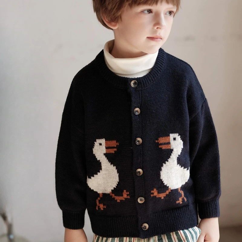 2025 Autumn Winter New Versatile Children's Cardigan Cute Duck Embroidery Baby Outing Sweater