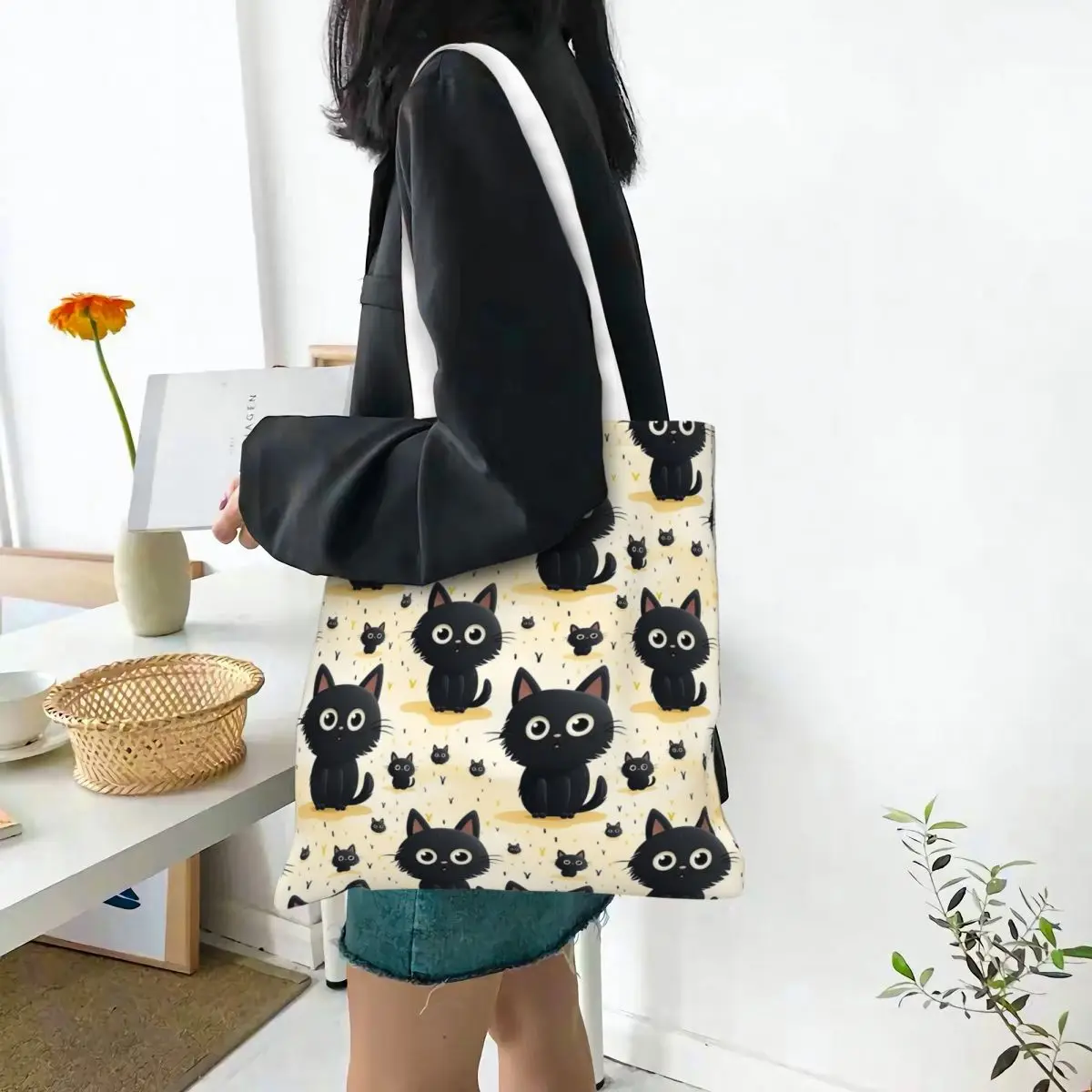 Sac fourre-tout en toile pour animaux de compagnie d'Halloween, sac à main de chat noir, sacs d'épicerie, sacs de shopping réutilisables, unisexe, mignon