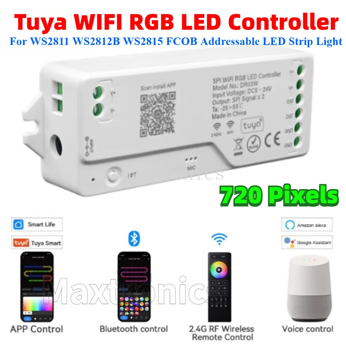 Tuya Wifi SPI RGBIC LED Controller Alexa Google Assistance 720 Pixels for WS2811 WS2812B WS2815 FCOB Addressable LED Strip Light