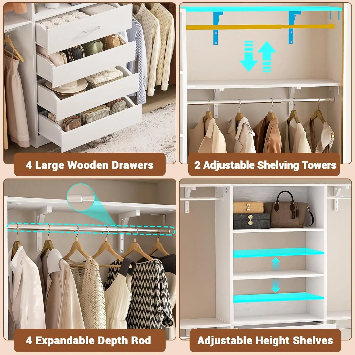 8FT Wood Closet Organizer with 4 Drawers, Tower, 4 Rods & 2 Shelves, Walk-in Wardrobe, Fits 4-9 ft, Customized