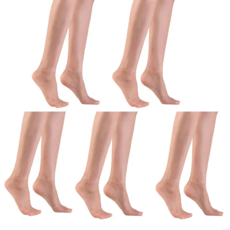 L38E 5 Pairs Soft Silky Stockings for Womens Sheer Ankle Socks With Elastic Cuffs Thin See Through Low Cut Boat Socks
