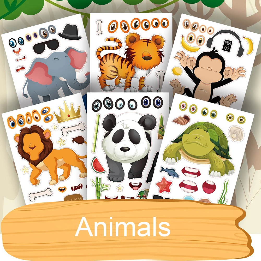 6/12Sheets Kids DIY Stickers Puzzle Games Make A Face Animal Assemble Jigsaw Sticker Children Training Education Toy Reward Gift