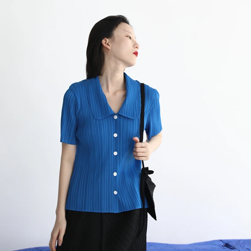 

Женская повседневная верхняя одежда JT JANE: синяя плиссированная приталенная блузка из полиэстера