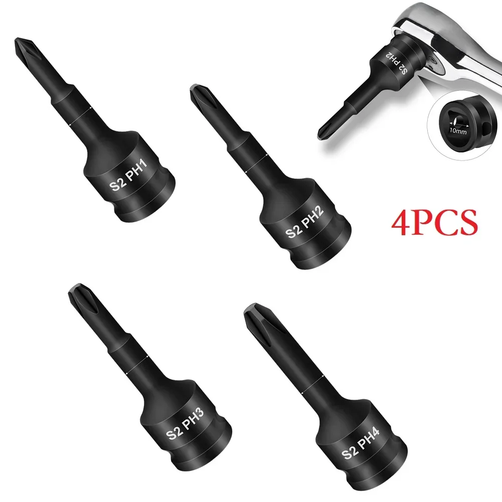 4Pcs 60mm Socket Adapter 3/8 Inch Square Head Wrench Corss Screwdriver Bit  Drive Socket Adapter Head PH1 PH2 PH3 PH4 Hand Tool