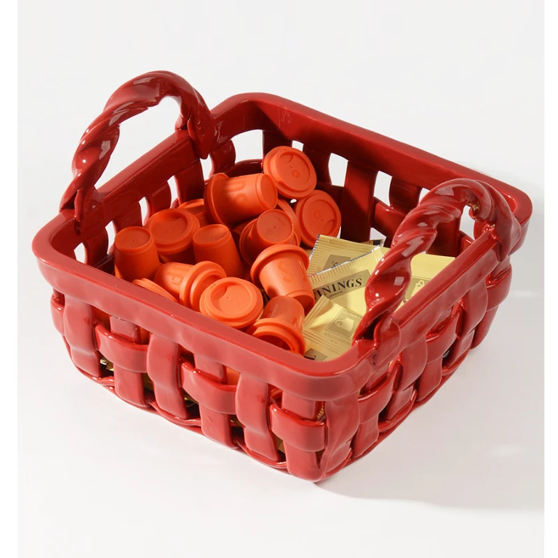 

Ceramic Woven Basket with Handle, Household Handmade Fruit Basket Drain Basket Candy Snack Storage Plate Kitchen Decoration