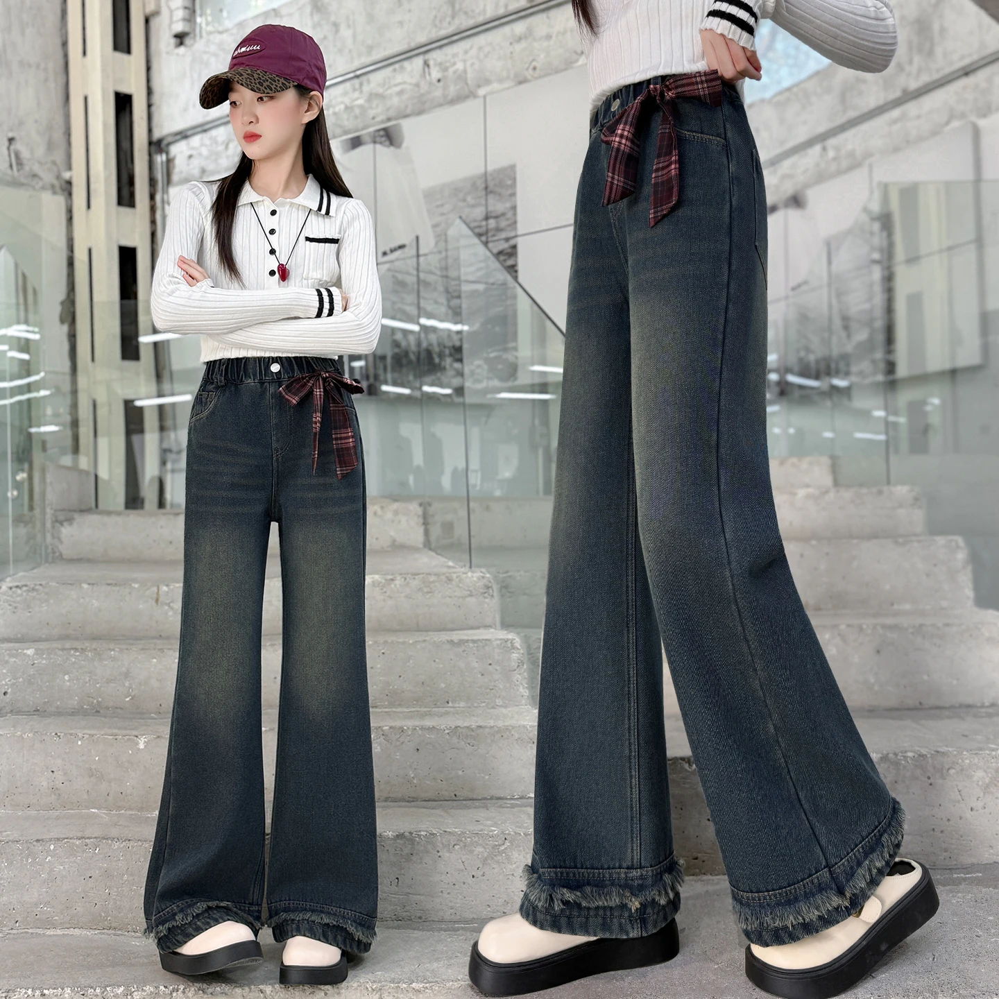 

Fashion Jeans for Girls Split Joint Kids Vintage Tight Denim Flare Pants Autumn Winter Teenage Slim Insulated Trousers 4-14Years