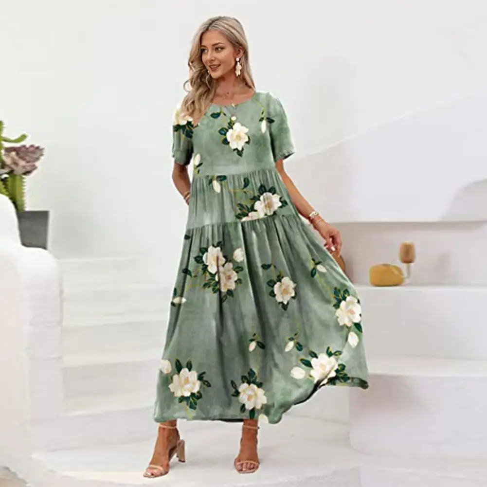 

Women Dress Round Neckline Maxi Dress Bohemian Style Maxi Dress with Pleated A-line Silhouette Short Sleeves Pockets Women's