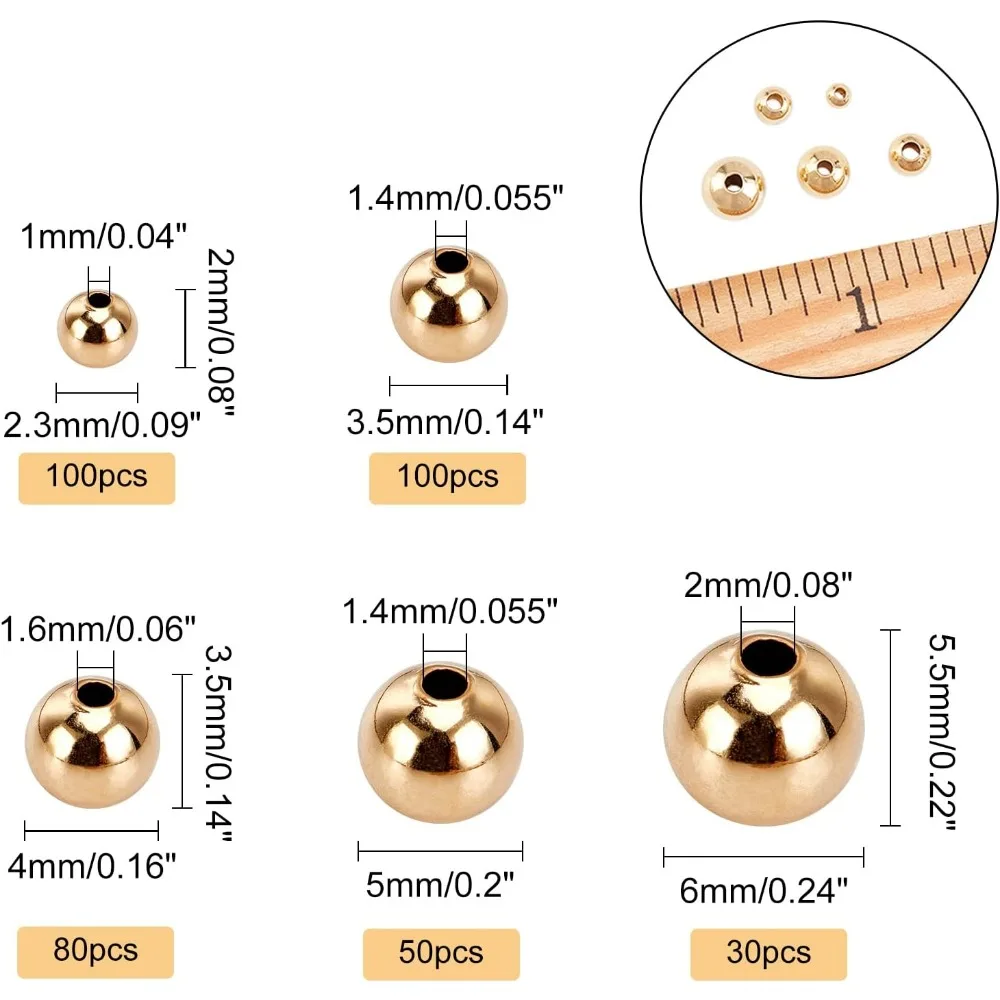 NBEADS 진짜 24K 금도금 솔리드 황동 비즈, 5 가지 크기의 금속 스페이서 비즈, 팔찌 목걸이용 황금 비즈, 360 개