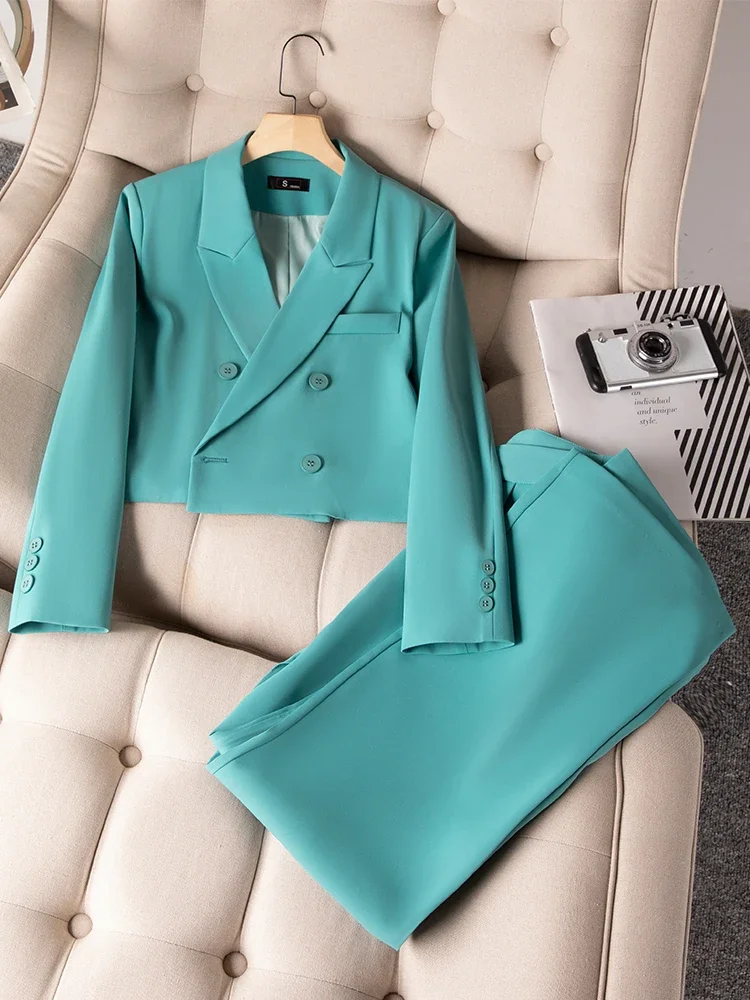 Women Pant Suit Fashion Office Business Work Wear Ladies Short Double Breasted Blazer +Wide Leg Pant Formal Two Piece Set