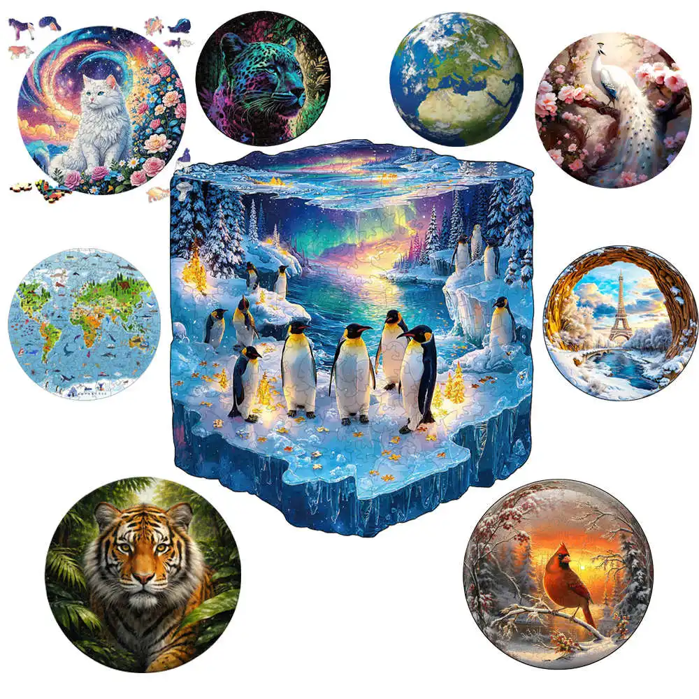 Lovely Penguin  Wood Jigsaw Unique Circular Wooden Animal Puzzle for Adult Kids Intelligent DIY Toys Holiday Gifts