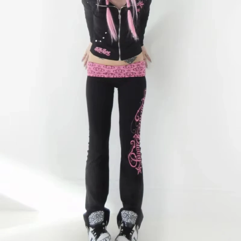 Y2K Gothic Sweet and Fashionable American Retro 2000s Letter Printed Bellbottom Pants Hip Hop Street Cool Girl Dress Emo Punk