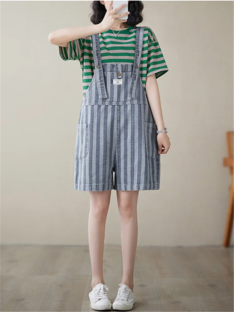 Denim Playsuits Women Vertrical Striped Jumpsuits Loose Wide Leg Short Jumpsuit Sleeveless Spaghetti Strap Rompers Ropa De Mujer