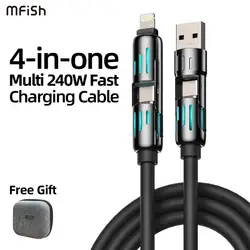 MFISH 4-in-1 Multi USB charging cable with USB A, type C, lightning-Max 240W Fast Charging & Data Sync for iPhone 16/15, iPad Pr