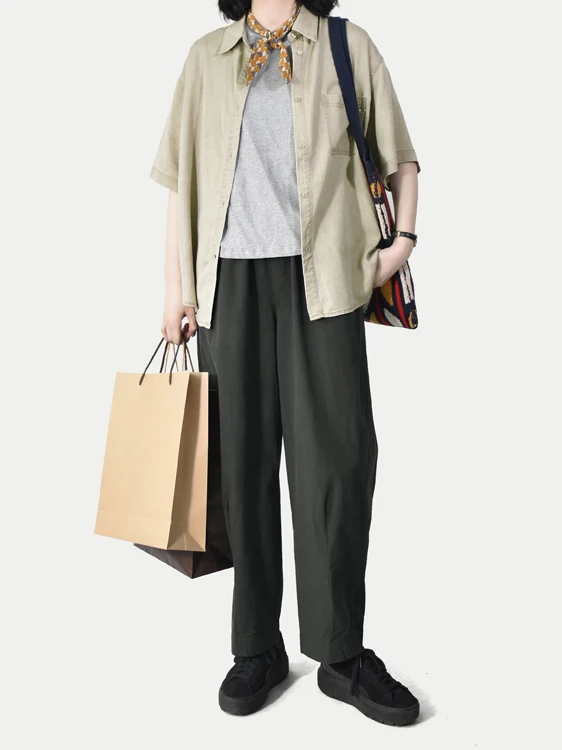 

Casual Loose ort Sve irt Turn-down Collar Commute Wear Summer Artistic Loose Fit Two-tone Waed Sensation Button Detail