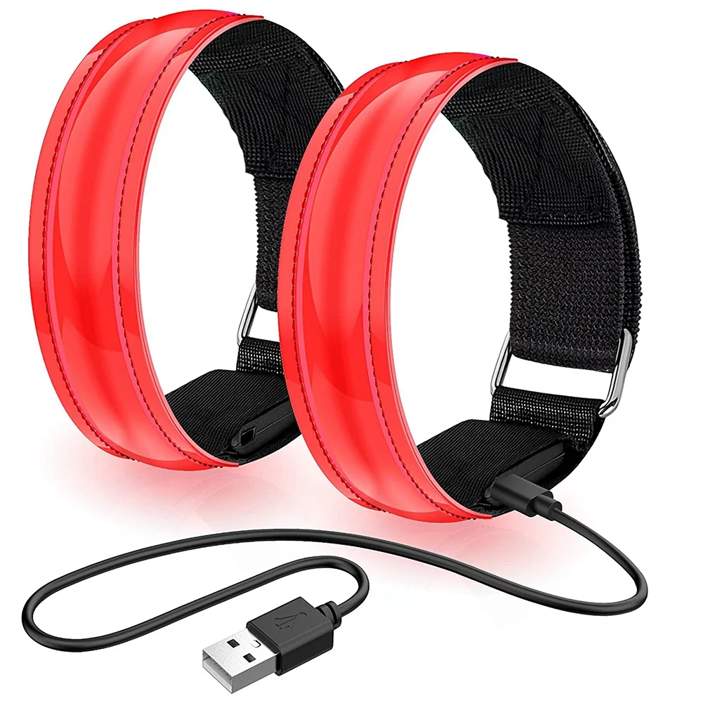 【AUTUMN】2 Pack Rechargeable LED Bracelet, USB Reflective Band, Armband Bracelets, Running Bands for Jogging, Sports-Red