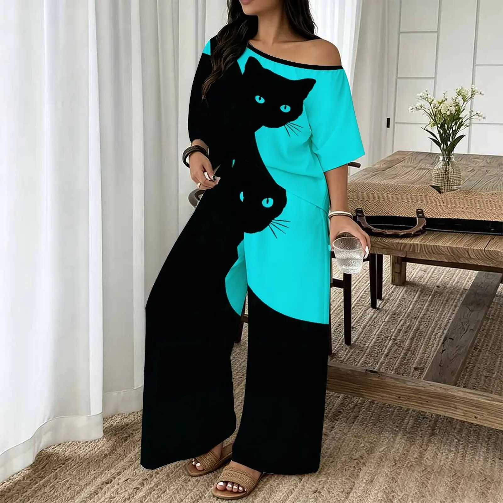 Plus Size Women Casual Print Two Piece Set Round Neck Sloping Shoulders Short Sleeved Top Clothes Beach Vacation Sweatpants