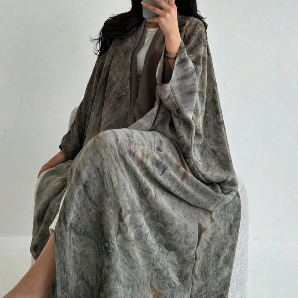 

Ближневосточный тай-дай Свободная Абая с длинным рукавом и открытой передней частью Абая Повседневный кафтан Арабские платья макси Женские джилбабы без хиджаба