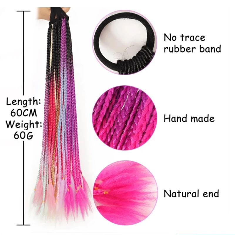 H&STAR Synthetic 24Inch Gradient Color Dirty Braided Ponytail Elastic Rubber Band Braiding Pony Tail Hair Extensions For Girls