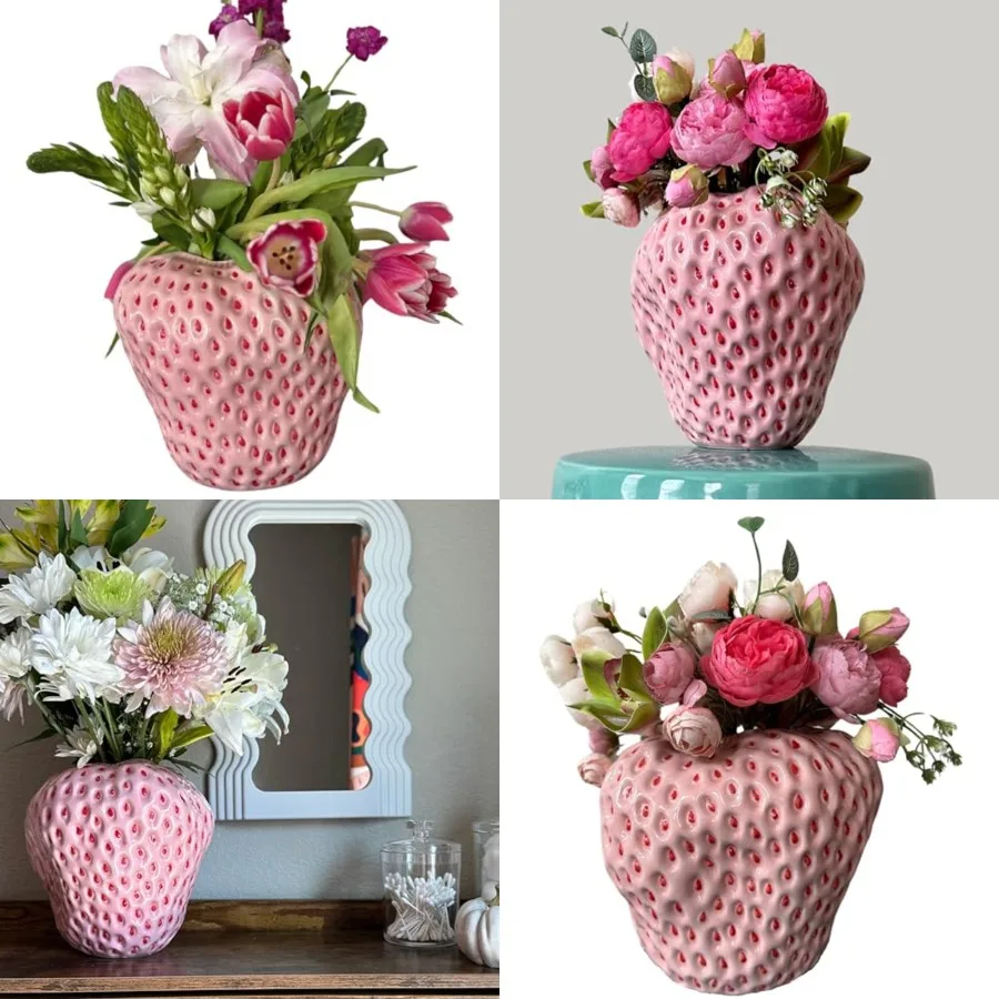

Pink Strawberry Vase - Unique Flower Vase for Aesthetic Decor, Strawberry Decorations for Kitchen, Bookshelf and Coffee Table C