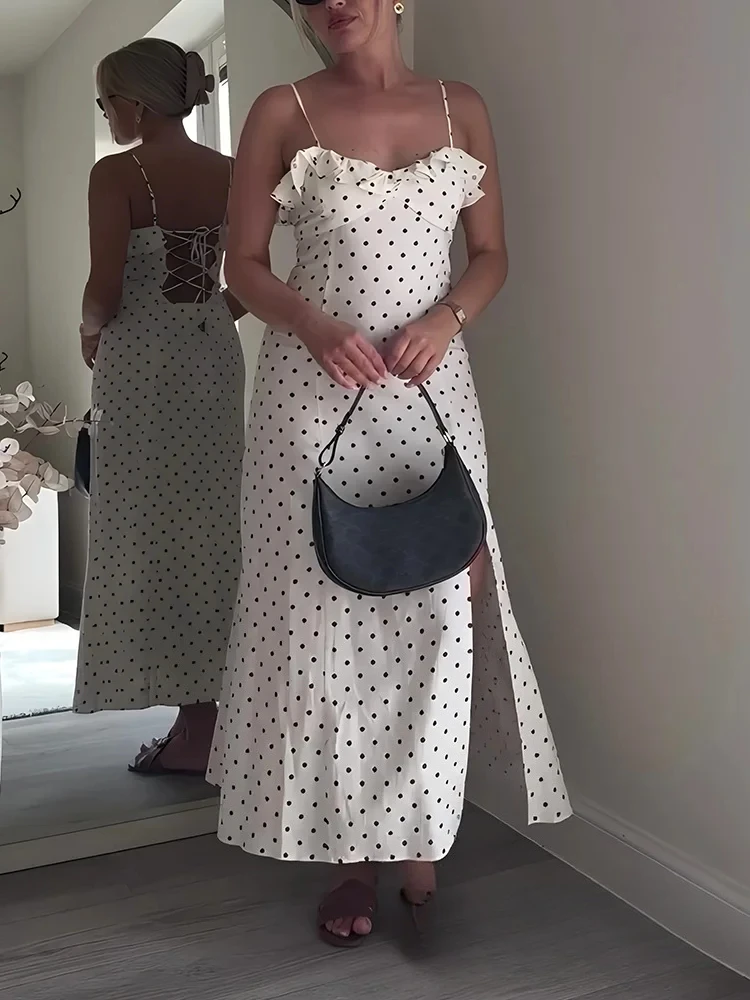 KONDALA Dolce Romantico Donna Cami Dress Polka Dot Stampa Backless Lace-Up Increspato Abito con spacco Moda Estate 2025 Abito da vacanza