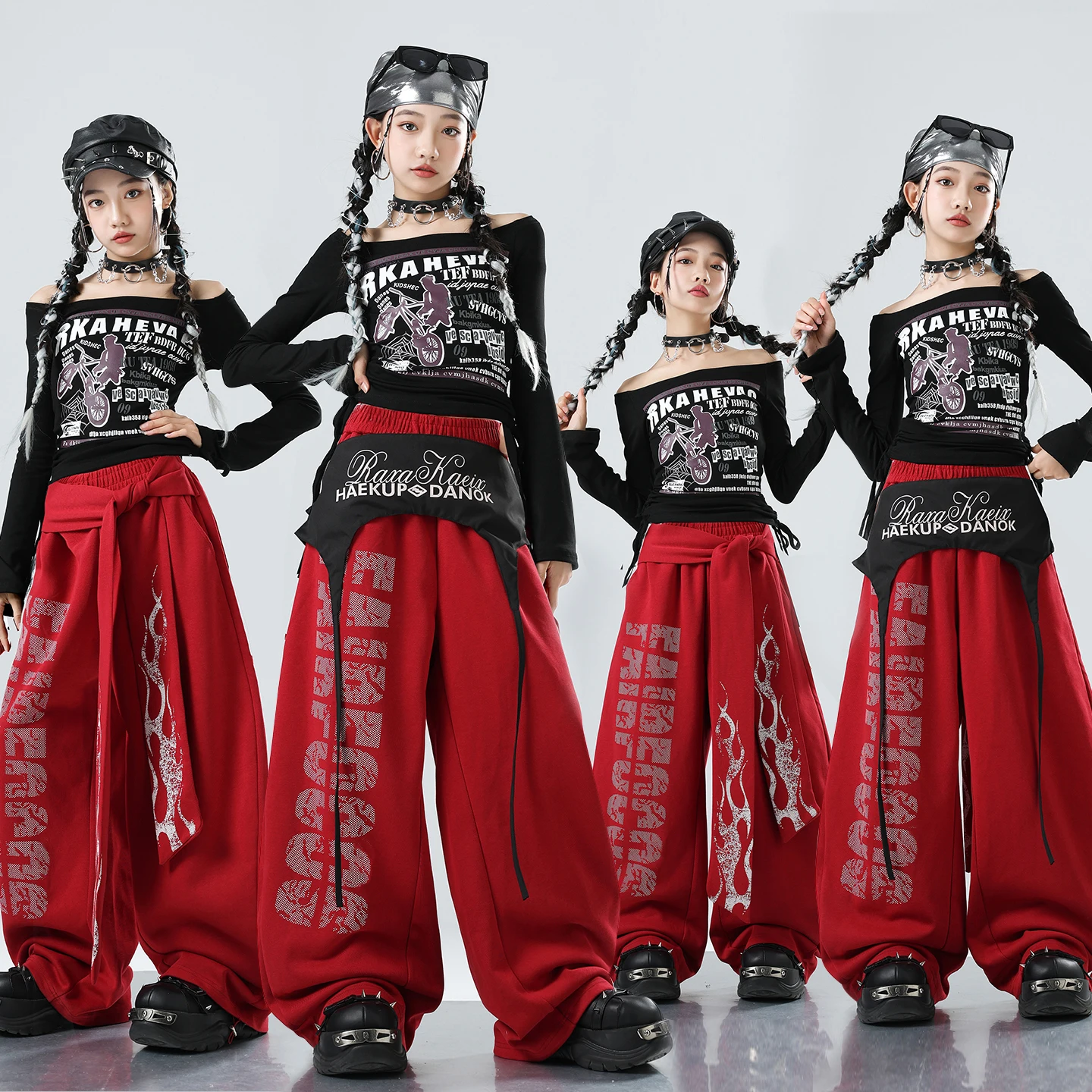 

Новинка 2025 года, одежда для джазовых танцев для девочек, костюм для уличных танцев, топ с открытыми плечами в стиле хип-хоп, красные брюки, одежда для подиума, костюмы DQL12150