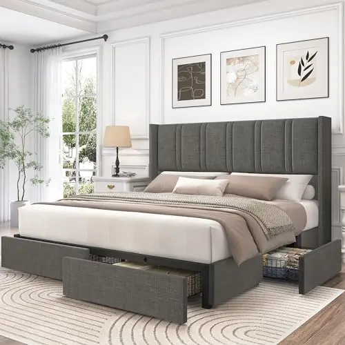 Queen Size Bed Frame with 4 Storage Drawers and Wingback Headboard Velvet Upholstered Platform Bed Frame with Wooden