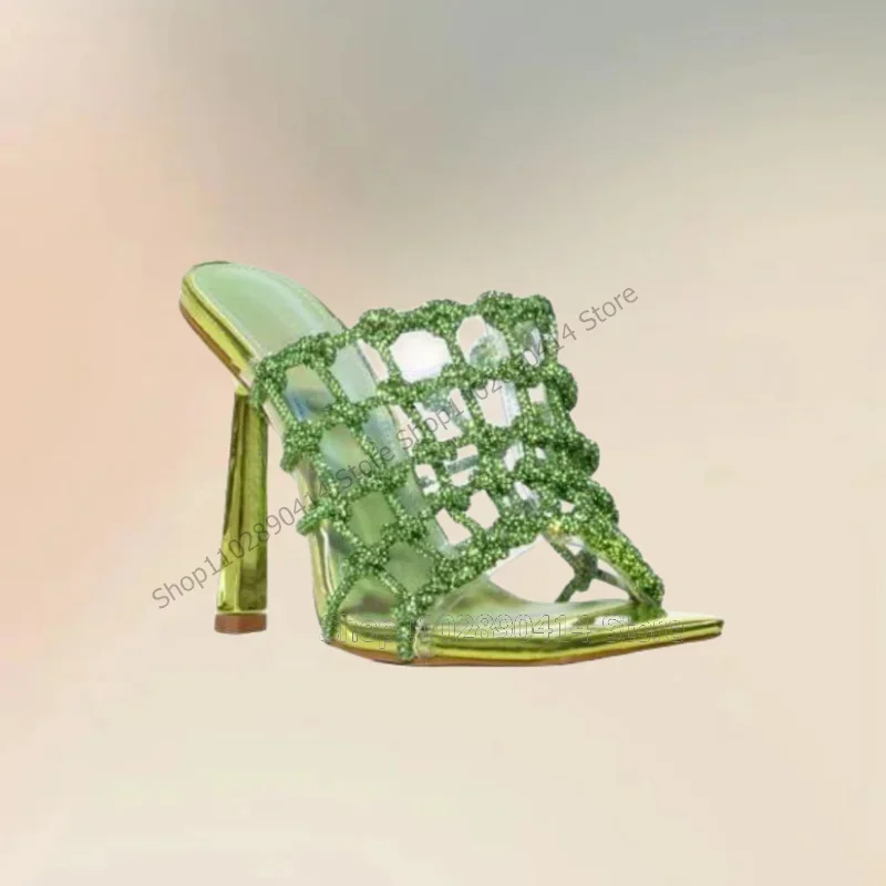 

Green Knitted Design PVC Open Toe Slippers Slip On Women Shoes Thin High Heels Novel Fashion Banquet 2023 Zapatos Para Mujere