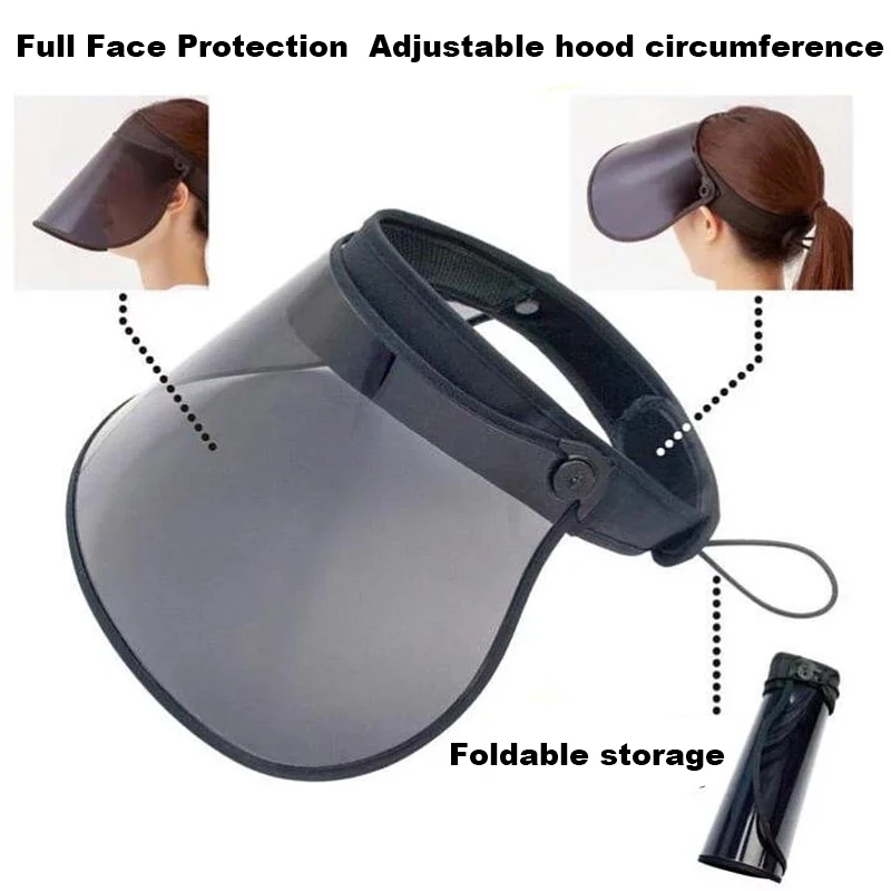 

Black Fold Storage Women's Summer Hat for Travel Beach Outdoor Sport Soft Plastic PVC Sun Visor Full Face Anti-UV Big Size Hat