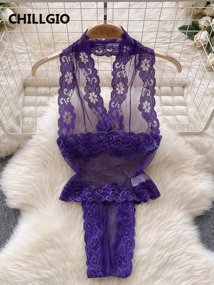CHILLGIO Women Floral Lace Halter Bodysuits Erotic Sleepwear Catsuits Fashion One Piece Backless Transparent Combination Onesie