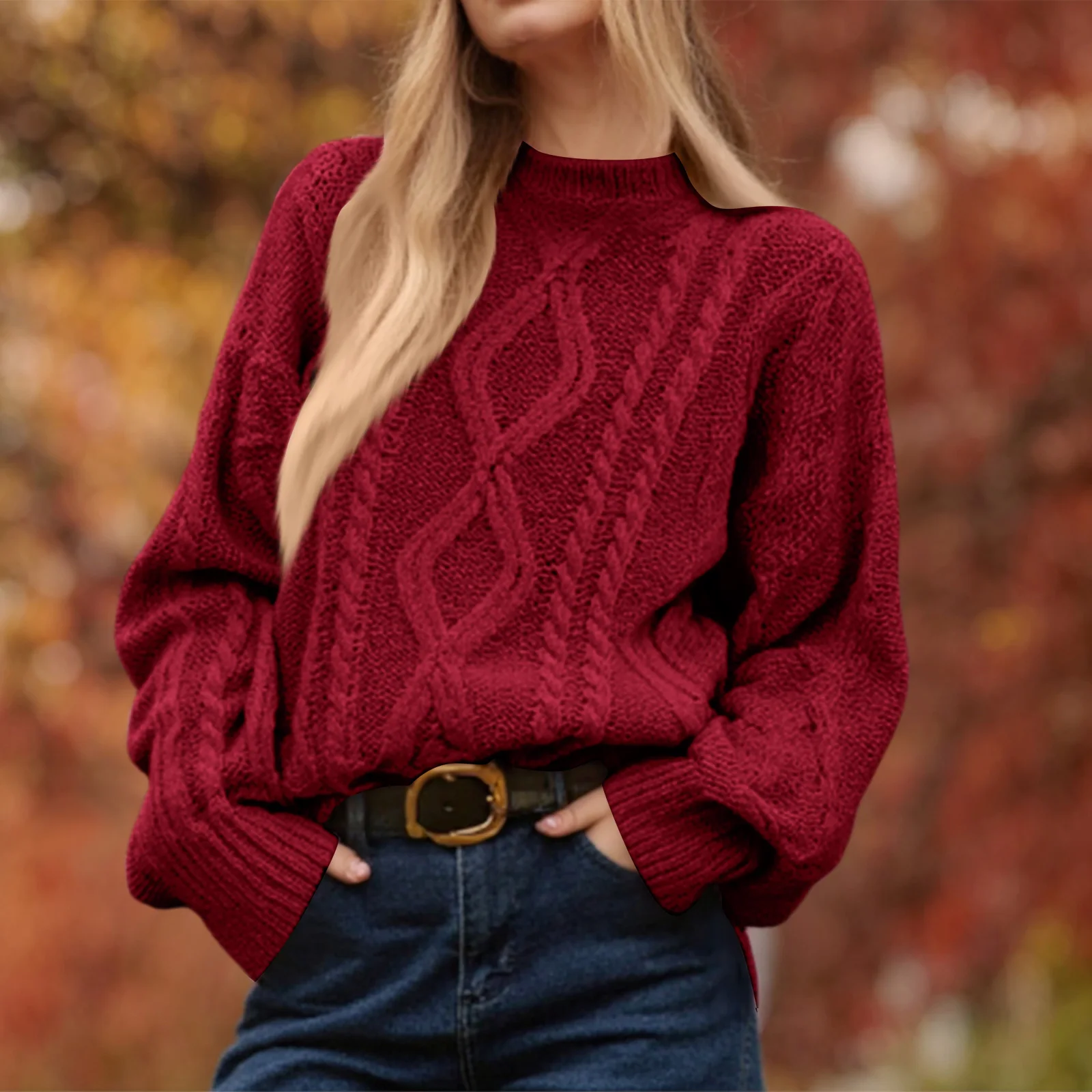 

Women's Fashion Sweater Pullovers Winter Long-Sleeved Knitted Sweater Solid Color Cable Knit Round Neck Pullover Sweater
