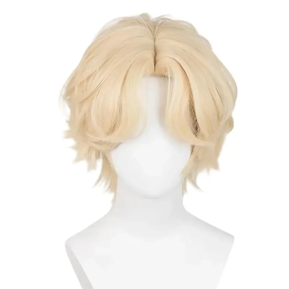 Anime Alien Stage Luka Cosplay Perücke, 30 cm, kurzes, milchgoldenes, hitzebeständiges Kunsthaar für Weihnachten, Halloween, Party