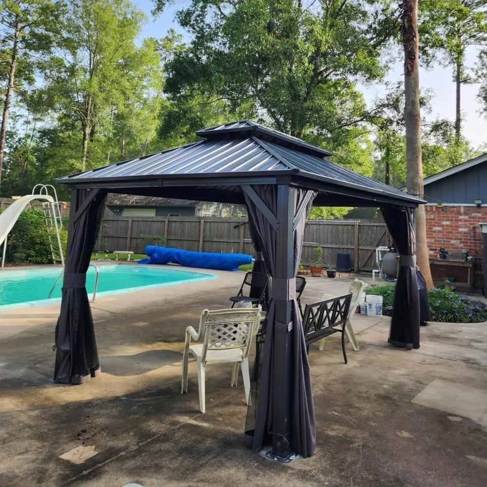 12' X 14' Hardtop Gazebo, Aluminum Metal Gazebos with Galvanized Steel Double Roof Canopy, Curtain and Netting, Outdoor Gazebo