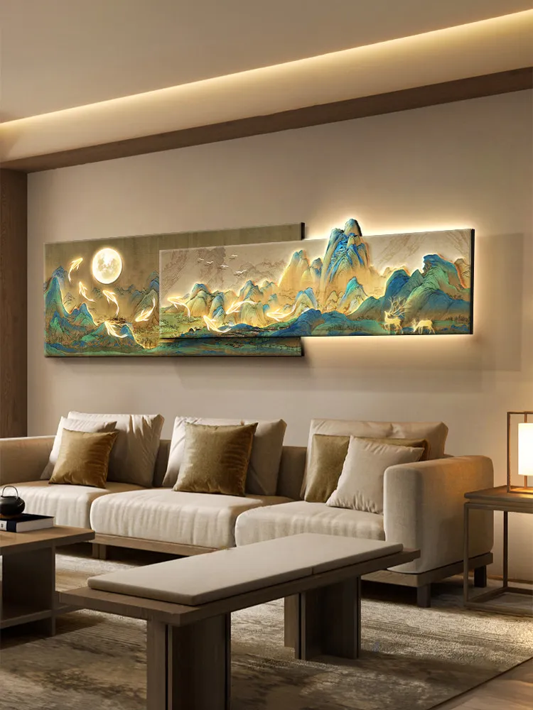 Thousand Mile Landscape Painting Living Room Led Decorative Painting Chinese Sofa Background Wall Overlaid Mural Light Luster