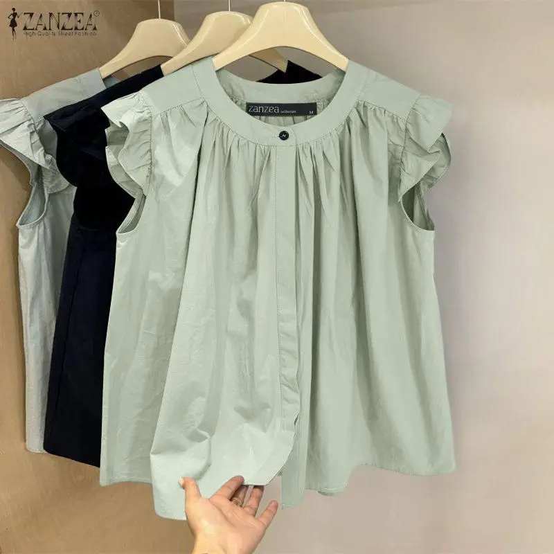 

2026 Summer Blouse ZANZEA Women Elegant Short Ruffled Sleeve Work Tops Stylish Holiday Shirt Mujer Casual Solid Button Up Blusas