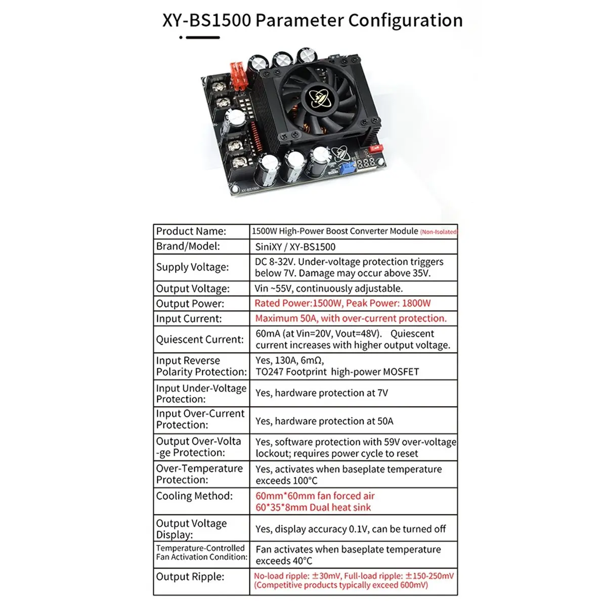 wilwill 1500W 50A High Current Boost Power Module Dual Inductor Full Power Low Ripple Step-Up Moule for Audio Amplifier
