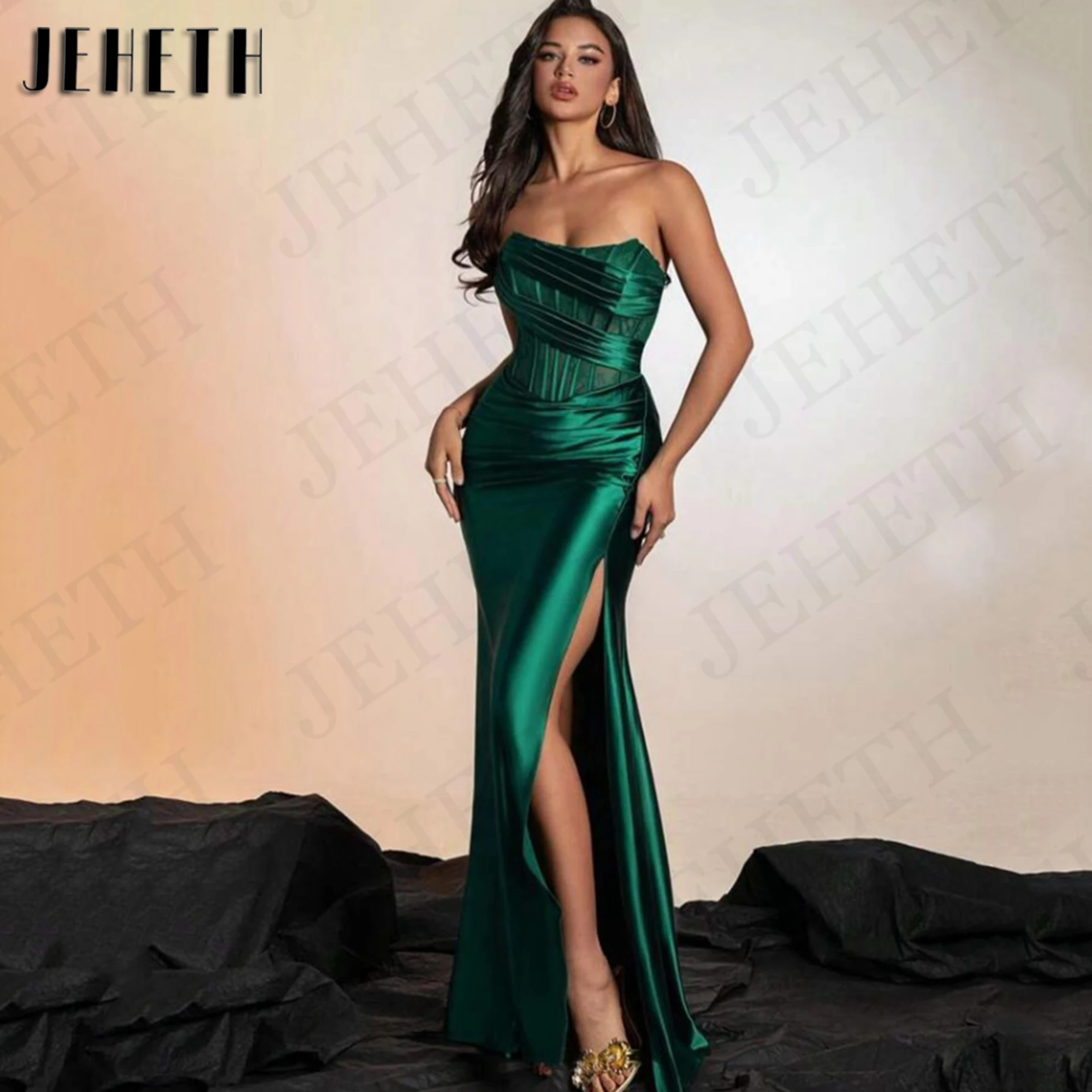 JEHETH Mermaid Sexy Satin Evening Dresses Woman Elegant Green Strapless Split Celebrity Dress Floor Length vestidos de fiesta