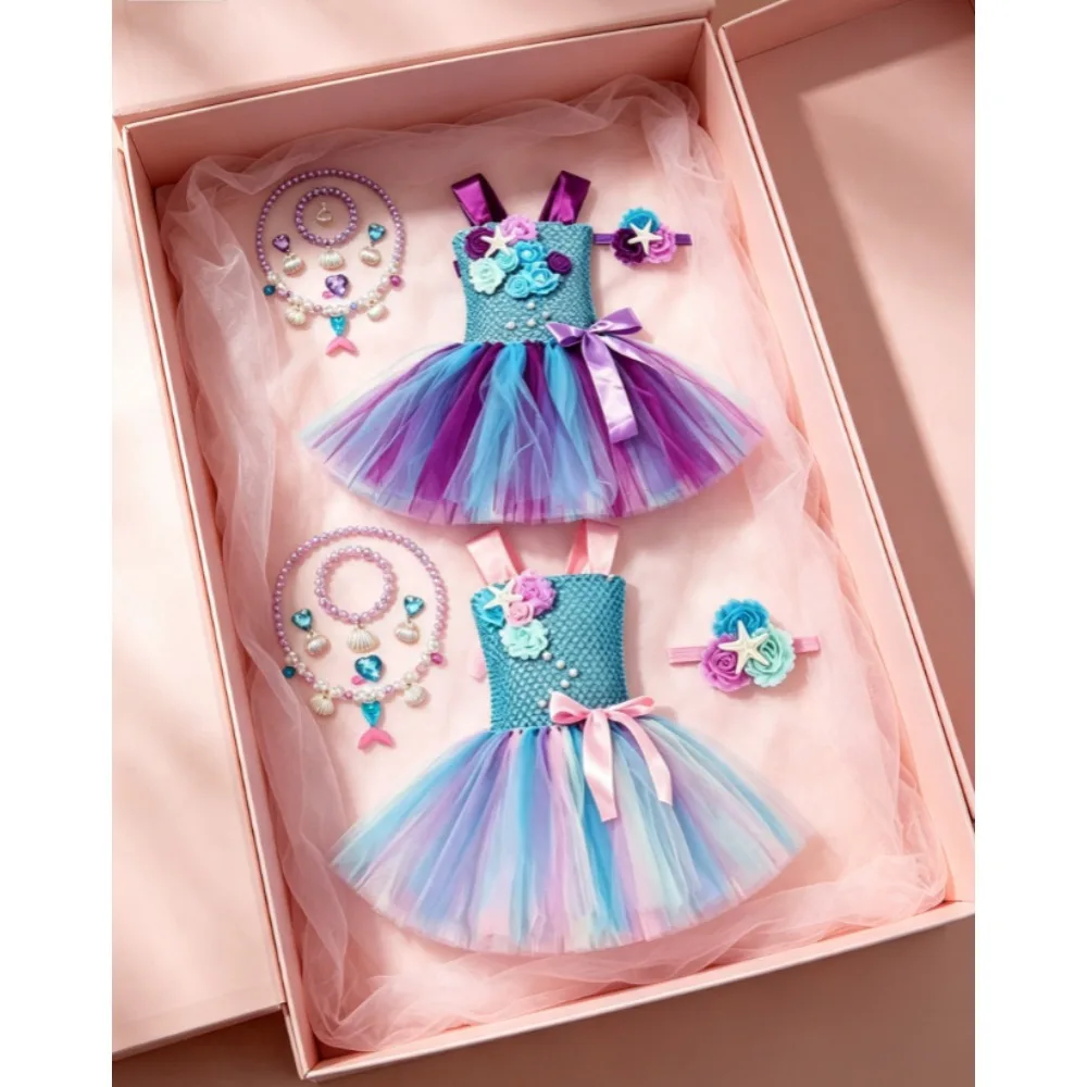 Mermaid Gradient Pearl Floral Decoration Sweet Style Tutu Dress Summer Ocean Beach Party Role Play Casual Sister Matching Outfit